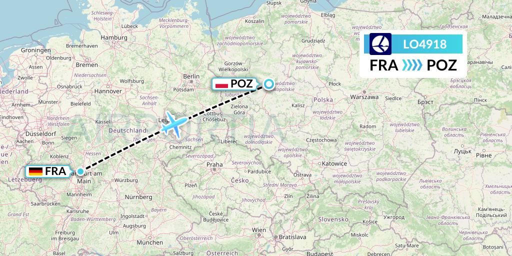 LO4918 LOT Flight Map: Frankfurt to Poznan