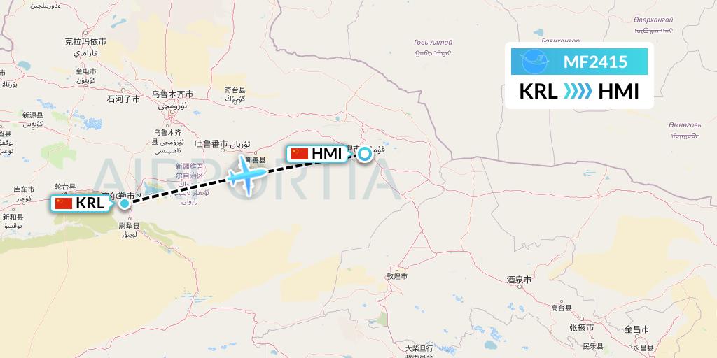 MF2415 Xiamen Airlines Flight Map: Korla to Hami City