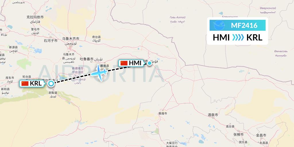 MF2416 Xiamen Airlines Flight Map: Hami City to Korla