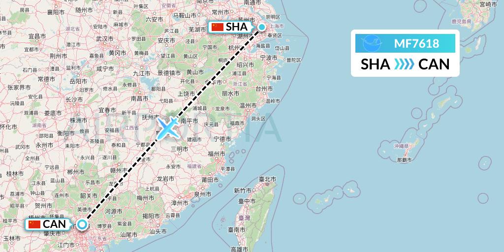 MF7618 Xiamen Airlines Flight Map: Shanghai to Guangzhou