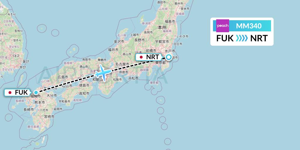 MM340 Peach Aviation Flight Map: Fukuoka to Tokyo