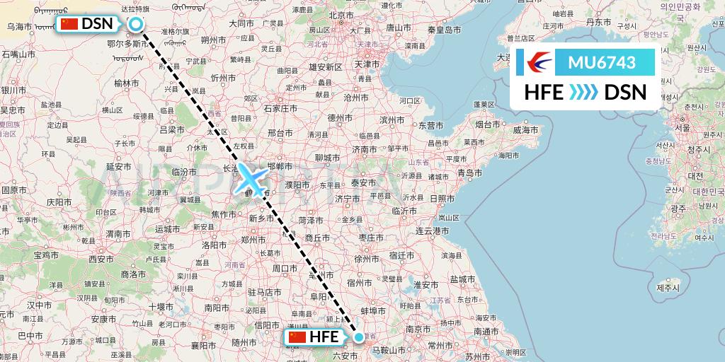 MU6743 China Eastern Airlines Flight Map: Hefei to Dongsheng