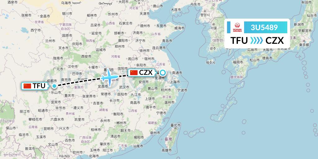 3U5489 Sichuan Airlines Flight Map: Chengdu to Changzhou