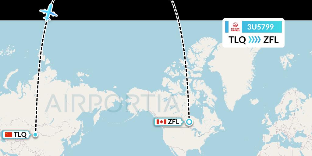 3U5799 Sichuan Airlines Flight Map: Turpan to South Trout Lake