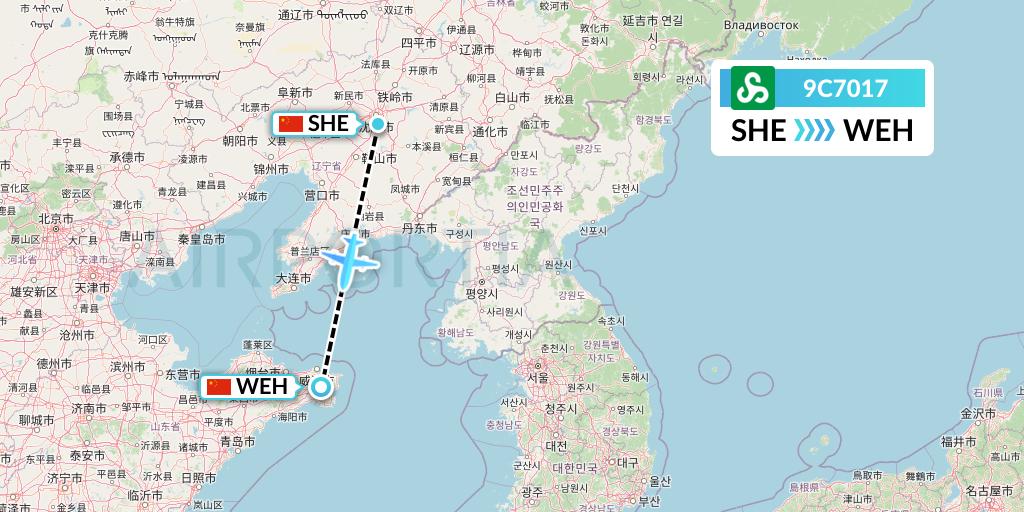 9C7017 Spring Airlines Flight Map: Shenyang to Weihai