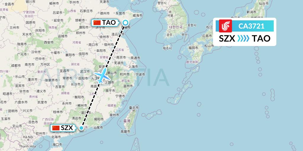 CA3721 Air China Flight Map: Shenzhen to Qingdao