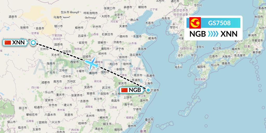 GS7508 Tianjin Airlines Flight Map: Ningbo to Xining