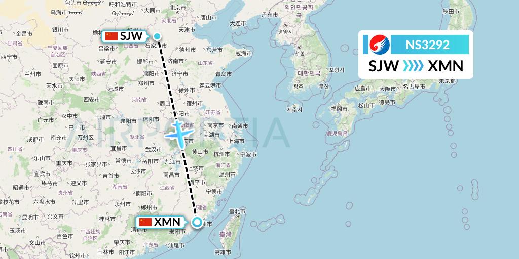 NS3292 Hebei Airlines Flight Map: Shijiazhuang to Xiamen