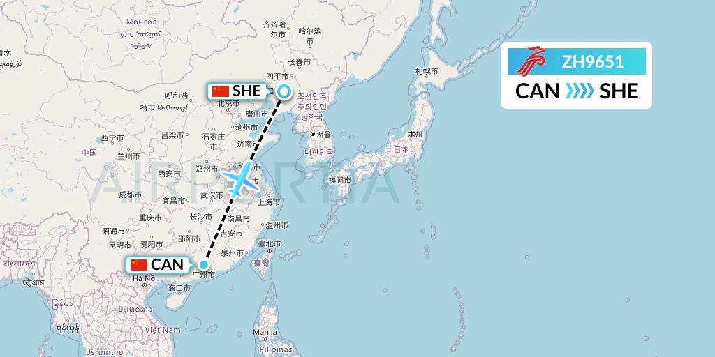ZH9651 Shenzhen Airlines Flight Map: Guangzhou to Shenyang