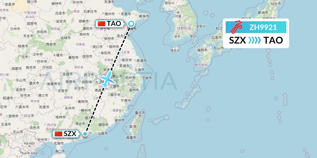 ZH9921 Shenzhen Airlines Flight Map: Shenzhen to Qingdao