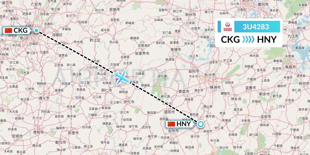 3U4283 Sichuan Airlines Flight Map: Chongqing to Hengyang