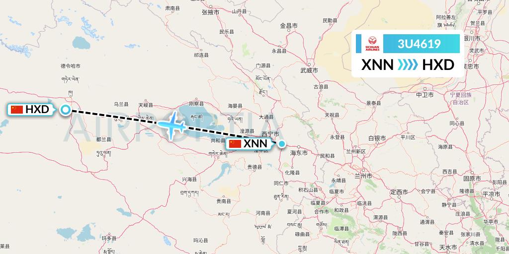 3U4619 Sichuan Airlines Flight Map: Xining to Delingha