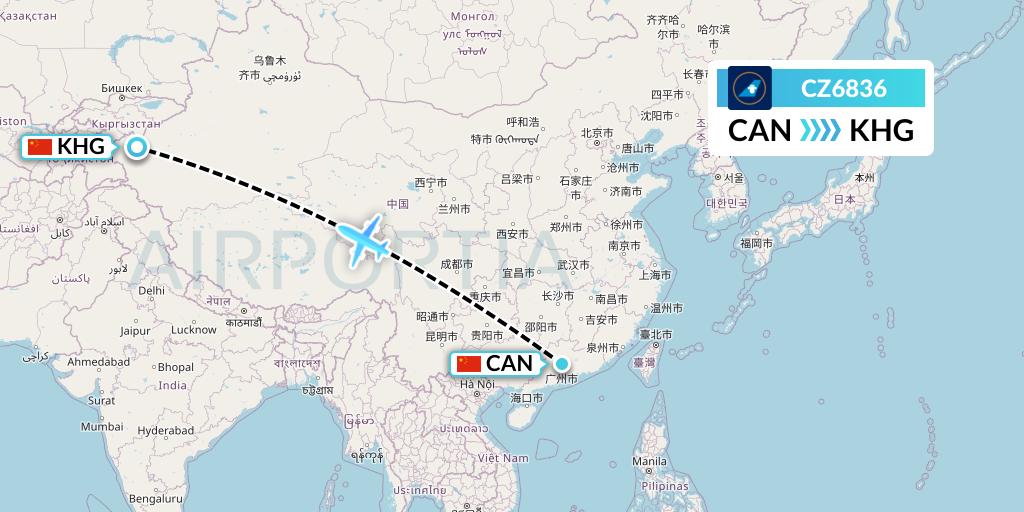 CZ6836 China Southern Airlines Flight Map: Guangzhou to Kashgar