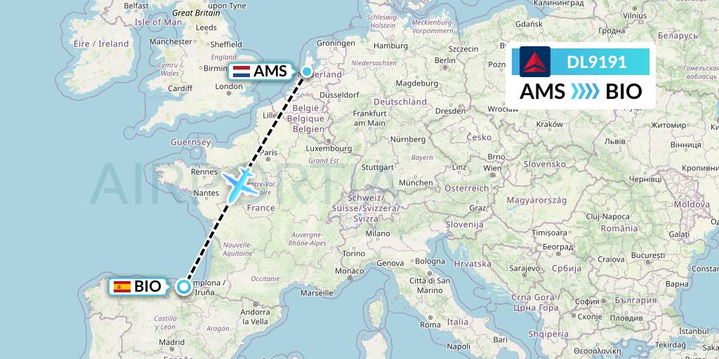 DL9191 Delta Air Lines Flight Map: Amsterdam to Bilbao