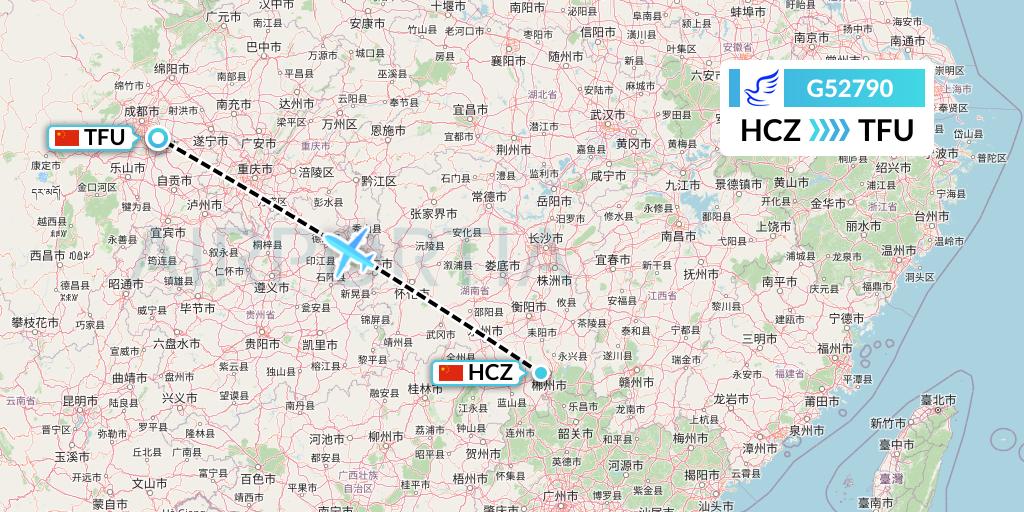 G52790 China Express Airlines Flight Map: Shaoguan to Chengdu