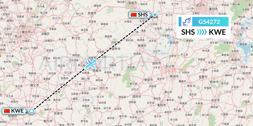 G54272 China Express Airlines Flight Map: Shashi to Guiyang