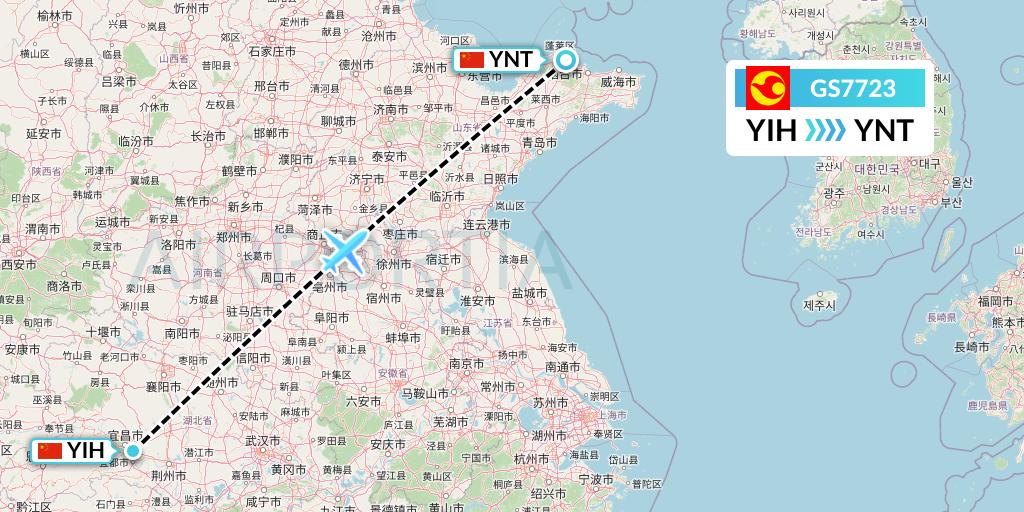 GS7723 Tianjin Airlines Flight Map: Yichang to Yantai