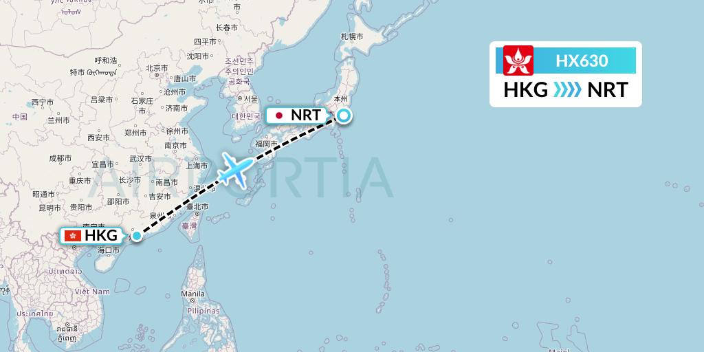 HX630 Hong Kong Airlines Flight Map: Hong Kong to Tokyo