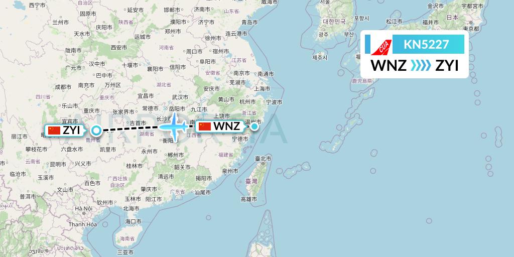 KN5227 China United Airlines Flight Map: Wenzhou to Zunyi