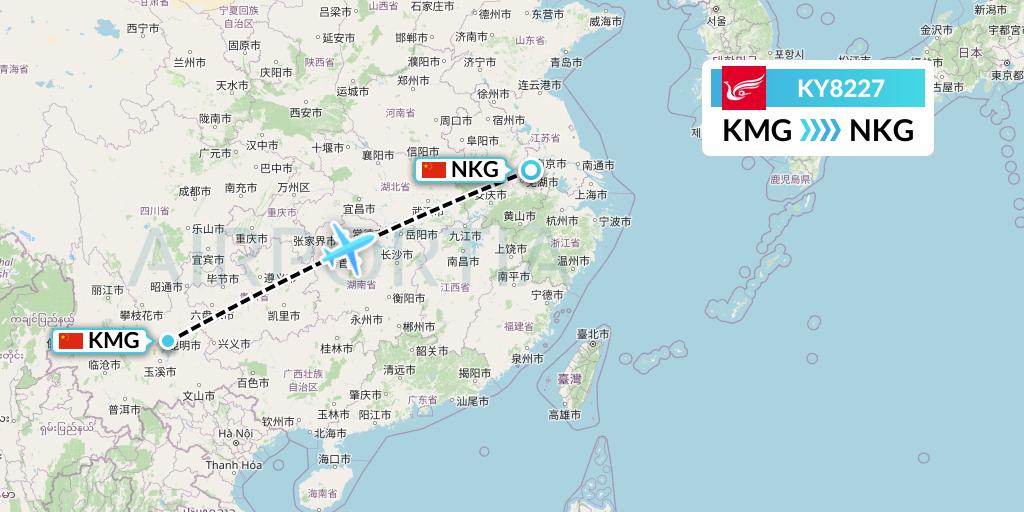 KY8227 Kunming Airlines Flight Map: Kunming to Nanjing