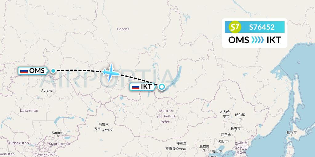 S76452 S7 Airlines Flight Map: Omsk to Irkutsk