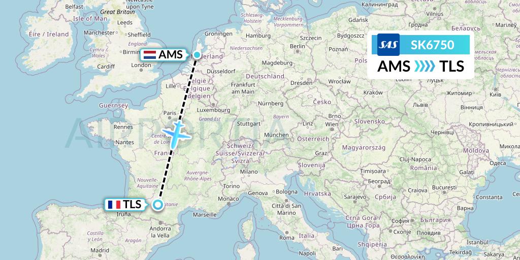 SK6750 SAS Flight Map: Amsterdam to Toulouse