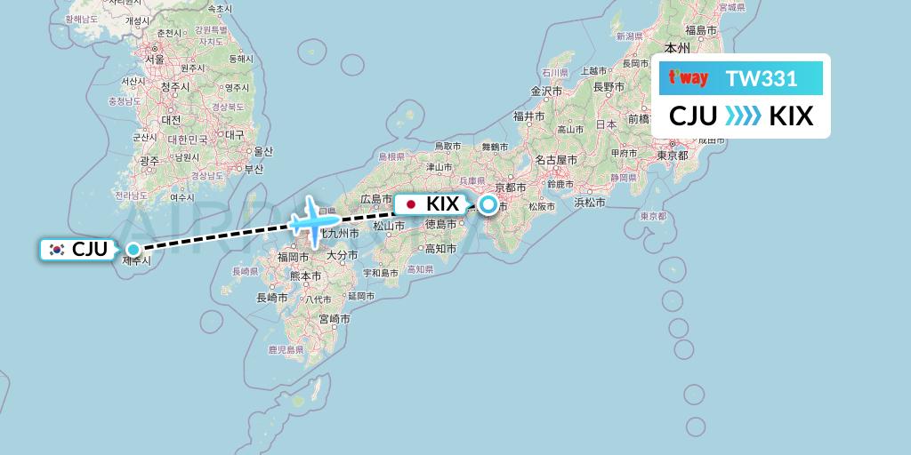 TW331 T'way Air Flight Map: Jeju to Osaka