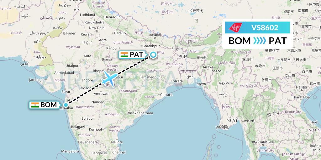 VS8602 Virgin Atlantic Airways Flight Map: Mumbai to Patna