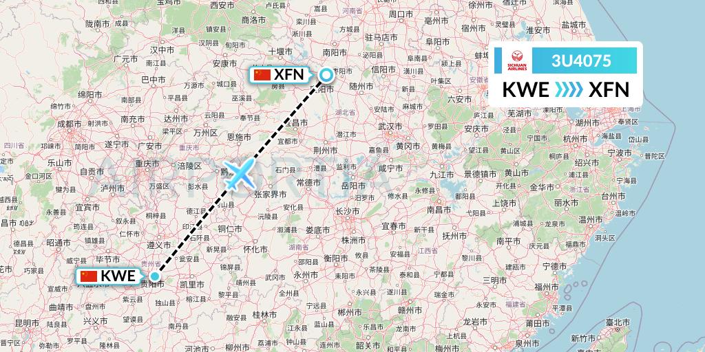 3U4075 Sichuan Airlines Flight Map: Guiyang to Xiangyang