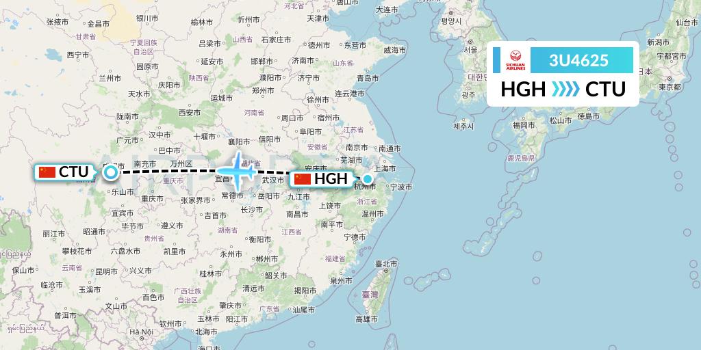 3U4625 Sichuan Airlines Flight Map: Hangzhou to Chengdu