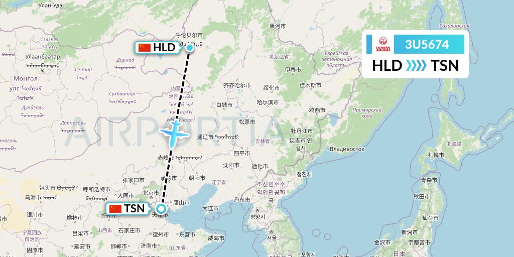 3U5674 Sichuan Airlines Flight Map: Hailar to Tianjin