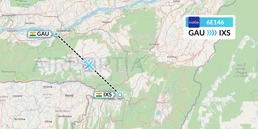6E146 IndiGo Airlines Flight Map: Guwahati to Silchar