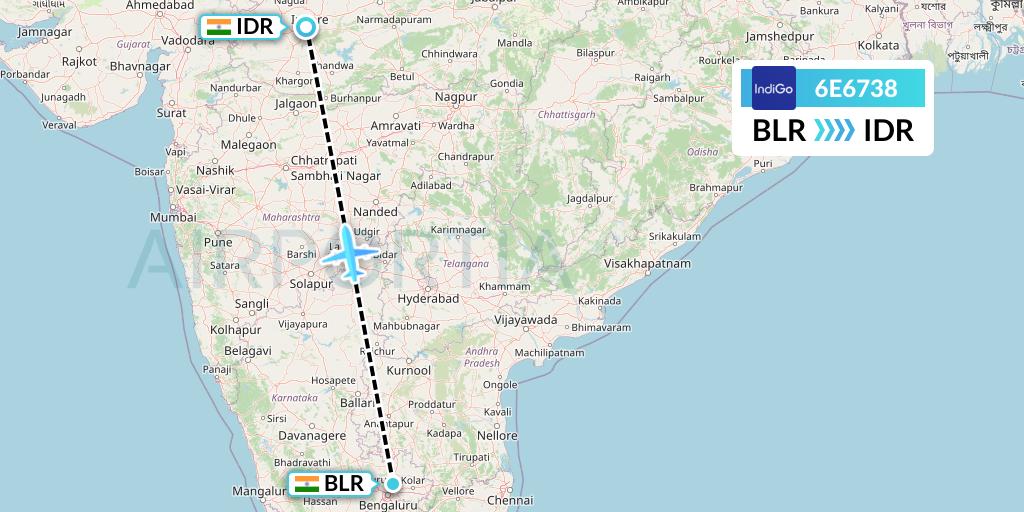6E6738 IndiGo Airlines Flight Map: Bangalore to Indore