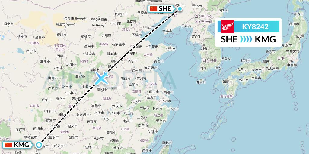 KY8242 Kunming Airlines Flight Map: Shenyang to Kunming