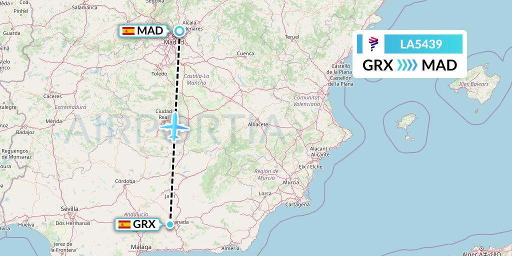 LA5439 LAN Airlines Flight Map: Granada to Madrid