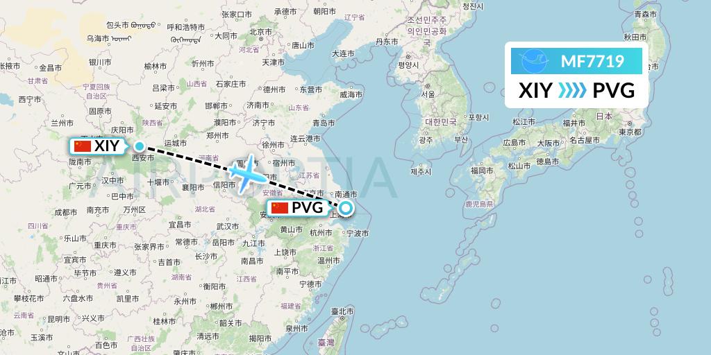 MF7719 Xiamen Airlines Flight Map: Xi'an to Shanghai
