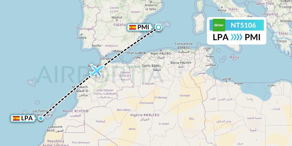 NT5106 Binter Canarias Flight Map: Las Palmas to Palma de Mallorca