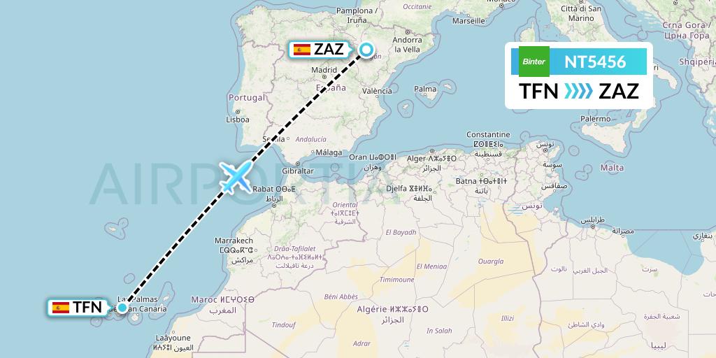 NT5456 Binter Canarias Flight Map: Tenerife to Zaragoza