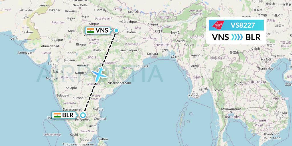 VS8227 Virgin Atlantic Airways Flight Map: Varanasi to Bangalore