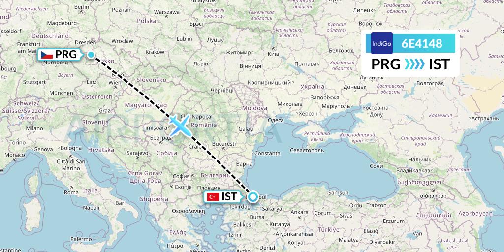 6E4148 IndiGo Airlines Flight Map: Prague to Istanbul