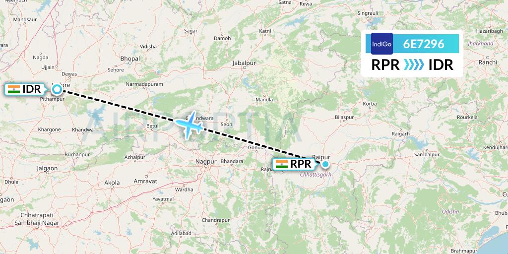 6E7296 IndiGo Airlines Flight Map: Raipur to Indore