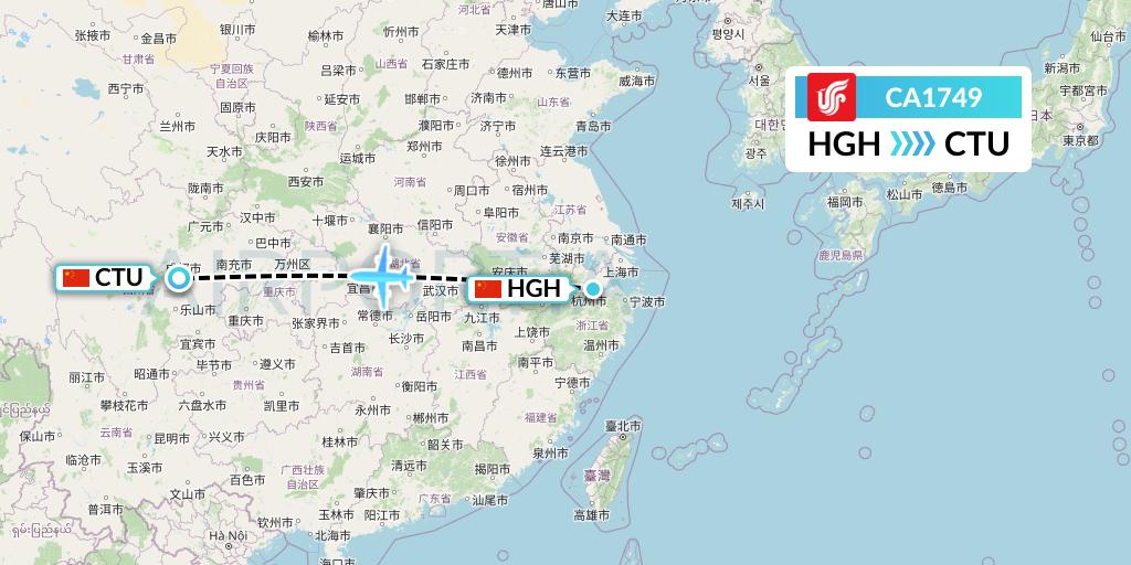 CA1749 Air China Flight Map: Hangzhou to Chengdu