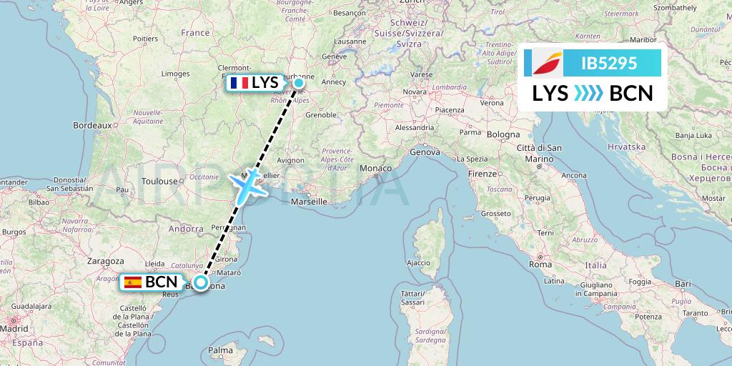 IB5295 Iberia Flight Map: Lyon to Barcelona