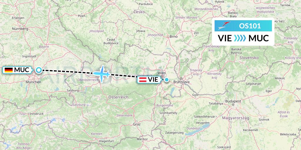 OS101 Austrian Airlines Flight Map: Vienna to Munich