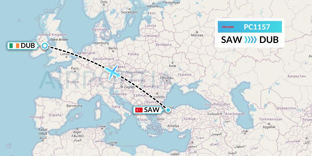 PC1157 Pegasus Airlines Flight Map: Istanbul to Dublin