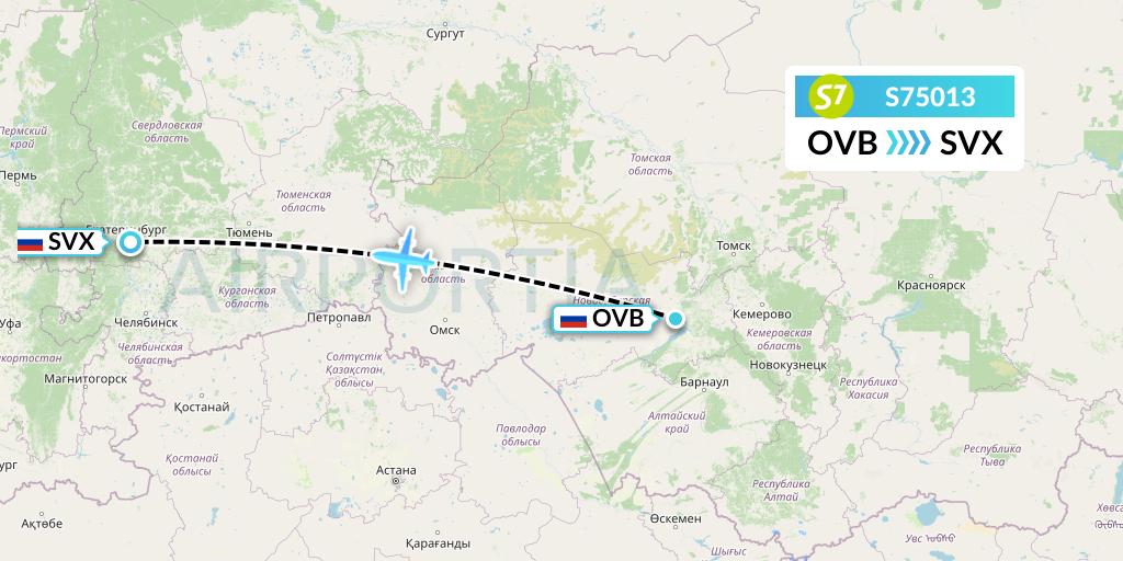 S75013 S7 Airlines Flight Map: Novosibirsk to Yekaterinburg