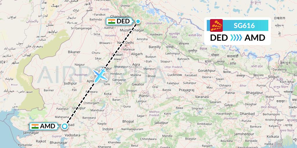 SG616 SpiceJet Flight Map: Dehradun to Ahmedabad