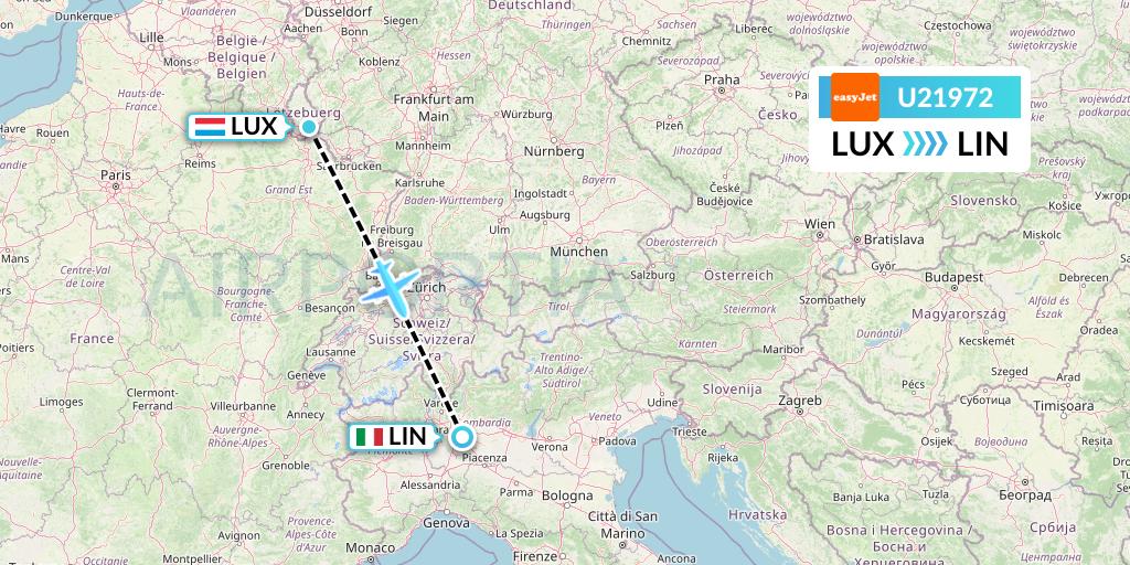 U21972 EasyJet Flight Map: Luxembourg to Milan