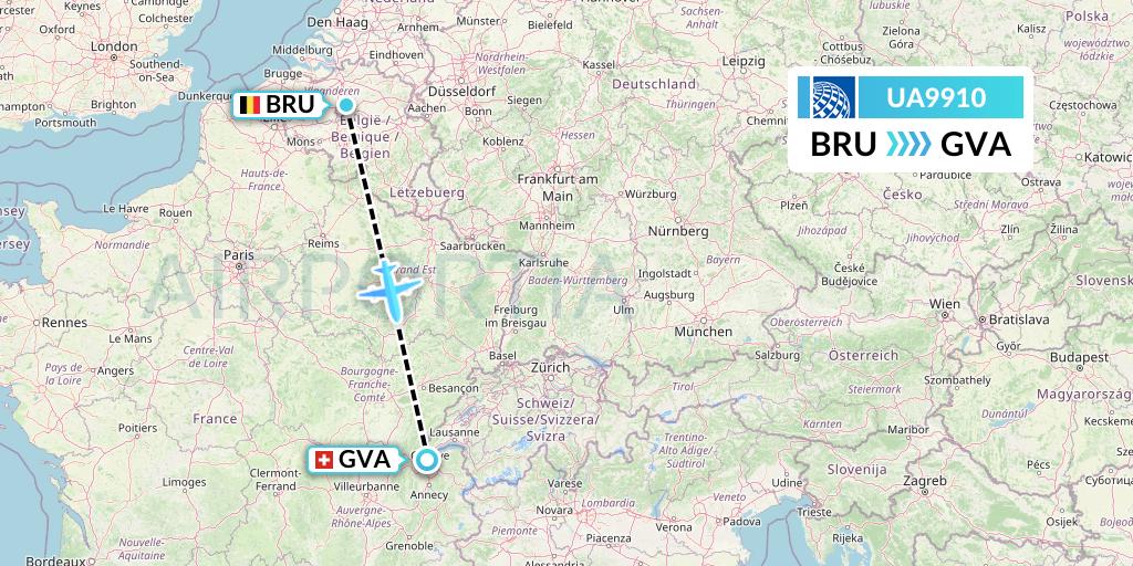 UA9910 United Airlines Flight Map: Brussels to Geneva