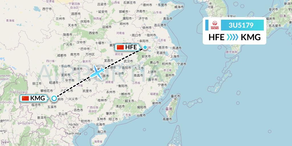 3U5179 Sichuan Airlines Flight Map: Hefei to Kunming